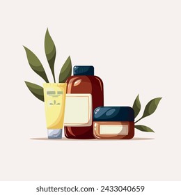 Conjunto dibujado a mano de cosméticos orgánicos del spa. Belleza, cuidado de la piel, cuidado del cuerpo y concepto de limpieza. Ilustración aislada del vector. Tubos de composición crema con hojas sobre fondo