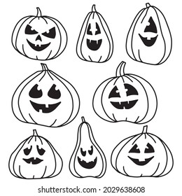 Hand drawn set of outline pumpkins Sketch in doodle style. Vector illustration for Halloween.