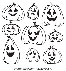 Conjunto de calabazas dibujadas a mano. Esbozo en estilo doodle. Ilustración vectorial para Halloween.