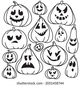 Hand drawn set of outline pumpkins. Sketch in doodle style. Vector illustration for Halloween.