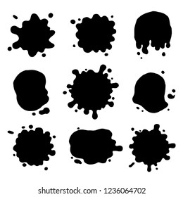 Hand drawn set of paint splatter and blob splash with different shapes. Cut isolated vector illustration for your stickers, label, banner, icon design. Blob elements drawn by ink brush-pen.