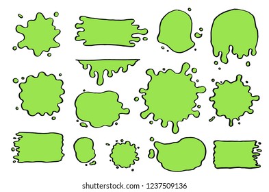 Hand drawn set of paint splatter and blob splash with different shapes. Cut isolated vector illustration for your stickers, label, banner, icon design. Blob elements drawn by ink brush-pen.