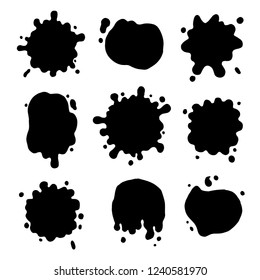 Hand drawn set of paint splatter and blob splash with different shapes. Cut isolated vector illustration for your stickers, label, banner, icon design. Blob elements drawn by ink brush-pen.