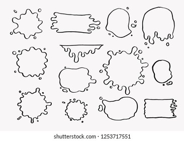 Hand drawn set of paint splatter and blob splash with different shapes. Cut isolated vector illustration for your stickers, label, banner, icon design. Blob elements drawn by ink brush-pen.