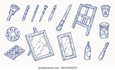 Hand Drawn Set of Painting Tools and Art Studio Supplies Brushes Palettes and More