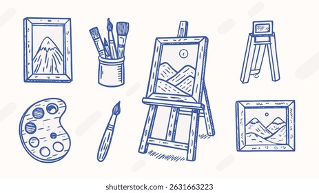 Hand Drawn Set of Painting Tools and Art Studio Supplies Brushes Palettes and More