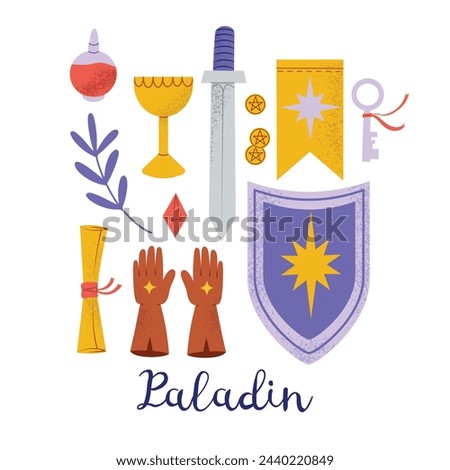 Hand drawn set with Paladin DnD character goods and loot, rpg board game vector illustration, isolated on white