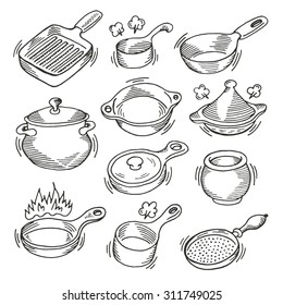 Hand drawn set of pan and skillet.