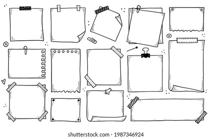 Conjunto dibujado a mano de papel pegajoso memo. Estilo de dibujo de Doodle. Pegatina de papel recordatorio para aviso de pin, texto. Ilustración vectorial.