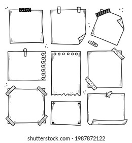 Hand drawn set of paper memo sticky. Doodle sketch style. Reminder paper sticker for pin notice, text. Vector illustration.