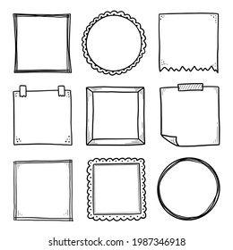 Hand drawn set of paper sticker, photo frame, picture border. Doodle sketch style. Frame of scribble, squiggly. Vector illustration.