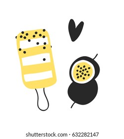 Hand drawn set of passion fruit and ice cream. Vector artistic drawing food. Summer fashion illustration