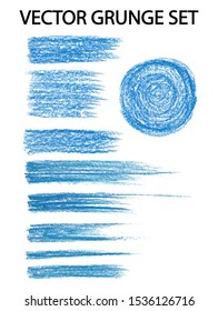 Hand drawn set of pastel brush strokes. Art texture illustration with blue crayons isolated on white. Can be used for collage, banner, as brushes after tracing.