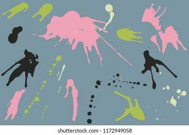Hand drawn set of pastel colored ink spots on grey background. Paint splat set ink. Splat drop vector. Blood splash. Paint blob.