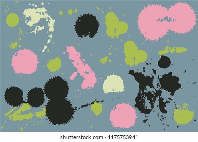 Hand drawn set of pastel colored ink spots on grey background. Paint splat set ink. Splat drop vector. Blood splash. Paint blob.