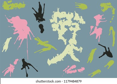 Hand drawn set of pastel colored ink spots on grey background. Paint splat set ink. Splat drop vector. Blood splash. Paint blob.