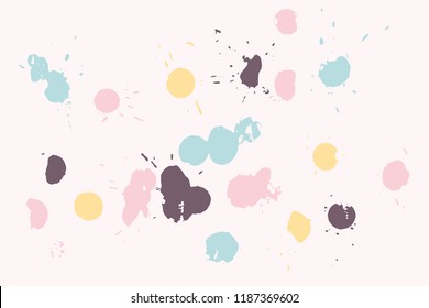 Hand drawn set of pastel colored ink spots on light pink background. Paint splat set ink. Splat drop vector. Blood splash. Paint blob.