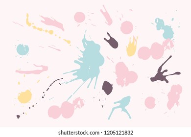 Hand drawn set of pastel colored ink spots on light pink background. Paint splat set ink. Splat drop vector. Blood splash. Paint blob.