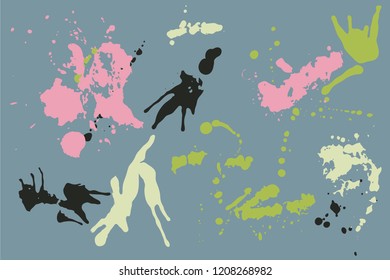 Hand drawn set of pastel colored ink spots on grey background. Paint splat set ink. Splat drop vector. Blood splash. Paint blob.