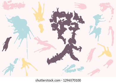 Hand drawn set of pastel colored ink spots on light pink background. Paint splat set ink. Splat drop vector. Blood splash. Paint blob.