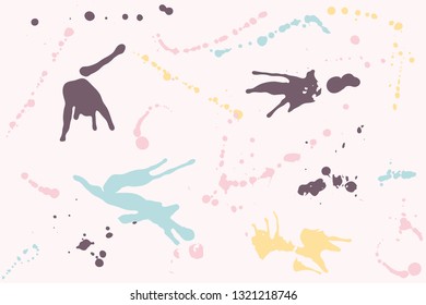 Hand drawn set of pastel colored ink spots on light pink background. Paint splat set ink. Splat drop vector. Blood splash. Paint blob.