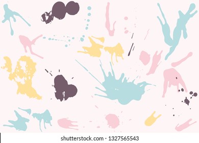 Hand drawn set of pastel colored ink spots on light pink background. Paint splat set ink. Splat drop vector. Blood splash. Paint blob.