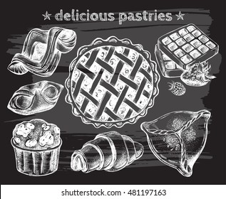 Hand drawn set of pastries. Vector illustration. Menu or signboard template for bakery and cafe.
