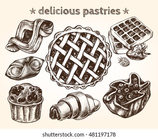 Hand drawn set of pastries. Vector illustration. Menu or signboard template for bakery and cafe.