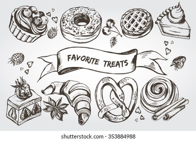 Hand drawn set of pastry and banner - tartlet with berries, strawberry cake, piece of pumpkin pie, sprinkled donut, pretzel, croissant, cinnamon roll. Vector Illustration.