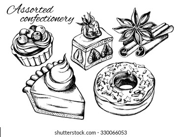 Hand drawn set of pastry and spices - tartlet with berries, strawberry cake, piece of pumpkin pie, sprinkled donut, cinnamon sticks and star anise. Vector Illustration.