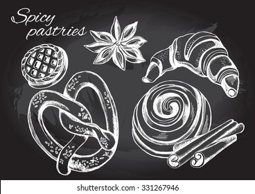 Hand drawn set of pastry and spices - cookie, pretzel, croissant, cinnamon roll, cinnamon sticks and star anise. Vector Illustration.