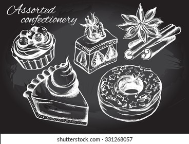 Hand drawn set of pastry and spices - tartlet with berries, strawberry cake, piece of pumpkin pie, sprinkled donut, cinnamon sticks and star anise. Vector Illustration.