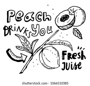 hand drawn set peach juice and fruits lettering