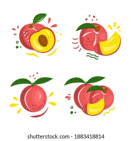 Handgezeichnete PEACHES-Früchte mit Blättern auf weißem Hintergrund. Juicy Produktverpackung Design. Ganzer Pfirsich, halb mit Blatt. Vectordesign-Element.
