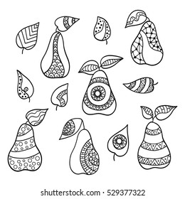 Hand drawn set of peas for anti stress colouring page. Pattern for coloring book. Illustration in zentangle style. Black and white background.