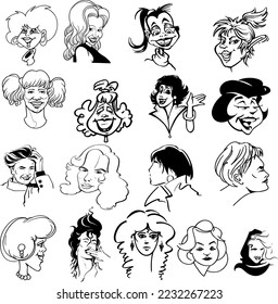 Hand drawn set of people faces. Perfect for social media, websites, avatars. Portraits of various men and women. Trendy black and white icons collection. Vector illustration. 