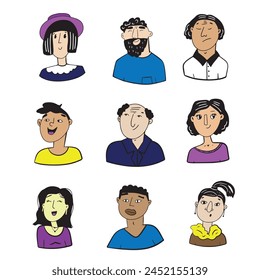 Hand drawn set of people faces. Portraits of various men and women.