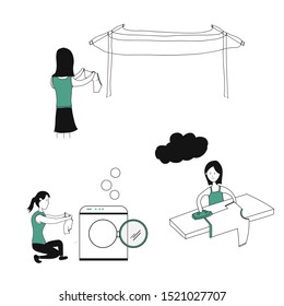 hand drawn set people laundry activity, design vector illustration isolated