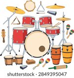 Hand drawn set of percussion instruments including drum kit, bongos, congas, maracas, and tambourine in cartoon vector style