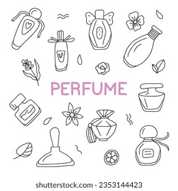 Hand drawn set of perfume vector illustrations. Isolated on white background