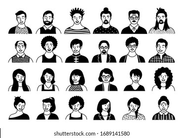 Hand drawn set of persons, avatars, people heads of different ethnicity and age in flat style. Multi nationality people faces social network line icons vector collection.