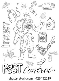 Hand drawn set with pest control man or exterminator, insects as fly, bugs and cockroaches, equipment isolated. Doodle line art illustration and graphic sketch, infestation vector with icons