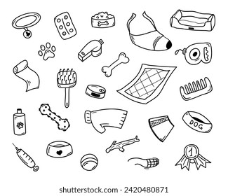 Hand drawn set of pet elements: bone, food, toys. For the design of dog themes: training, caring, grooming. Doodle sketch vector illustration.