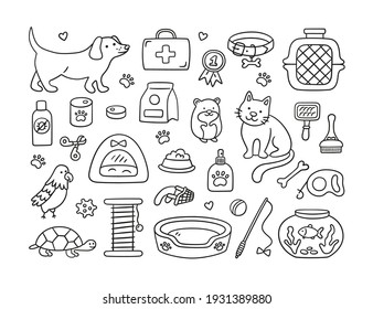 Hand drawn set for pet shop and veterinary clinic. Pets, food, toys, and grooming accessories. Vector illustration in doodle style on white background