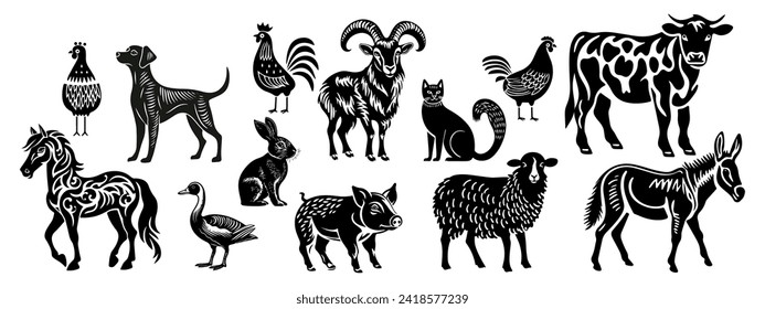 Hand drawn set with pets in linocut style. Isolated on white background. Vector illustration