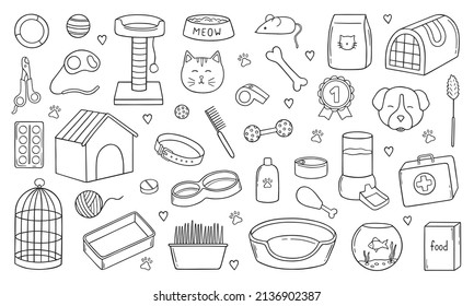 Hand drawn set of Pets shop and veterinary doodle. Supplies and accessories for dogs and cats in sketch style: bowl, toys, collar, food, kennel. Vector illustration isolated on white background.