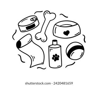 Hand drawn set of Pets shop and veterinary doodle. Accessories for dogs in sketch style: bowl, toys, collar, food, kennel. Vector illustration isolated on white background.