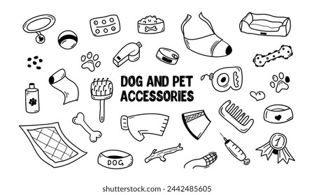 Hand drawn set of Pets shop and veterinary doodle. Accessories for dogs in sketch style: bowl, toys, collar, food, kennel. Vector illustration isolated on white background.