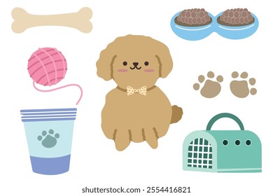 Hand drawn set of pets shop illustration. Supplies and accessories. Dog, bone, toy, ball, food, bowl, kennel, set, feed, paw. Suitable for flat design illustration, clip art, stickers, etc
