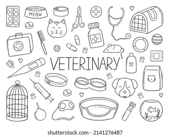 Conjunto de dibujos a mano de garabatos veterinarios de mascotas. Suministros y accesorios para perros y gatos en forma de boceto: tazón, juguetes, collar, comida, perrera. Ilustración vectorial aislada en fondo blanco.